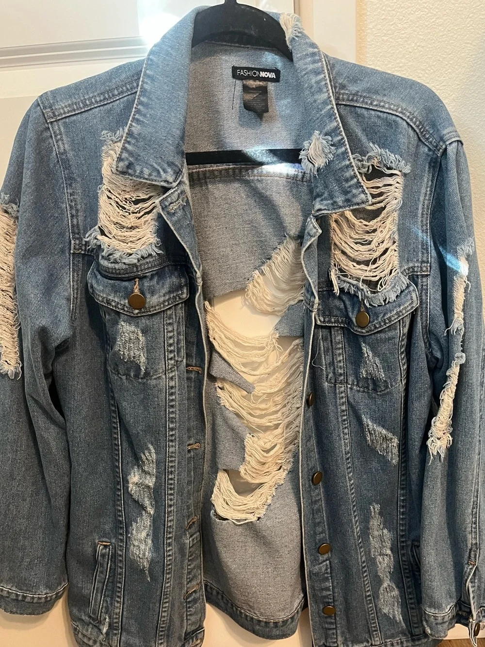 Fashion Nova Light Blue Distressed Denim Jacket with Heavy Shredding